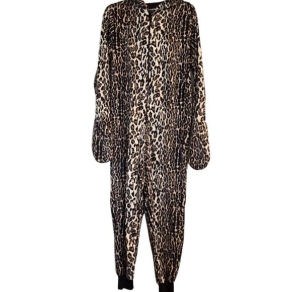 Nick Nora Leopard Print Adult Jumpsuit Pajamas Size L Hood Mittens Loungewear - Picture 2 of 12